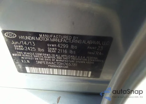 2013 Hyundai Sonata Gls from USA, damaged, VIN 5NPEB4AC7DH765781